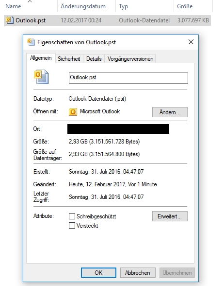 Datensicherung Speichergröße MS Outlook Datei